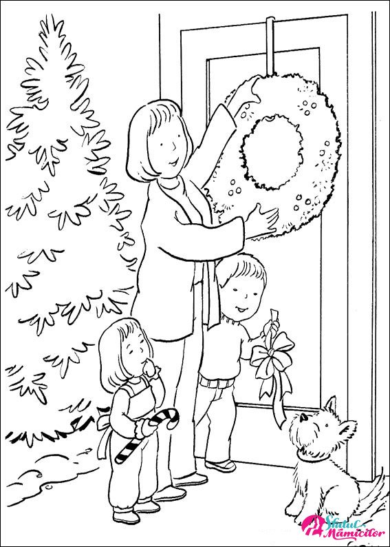 Mama si copiii pun coronita de brad - Plansa de colorat
