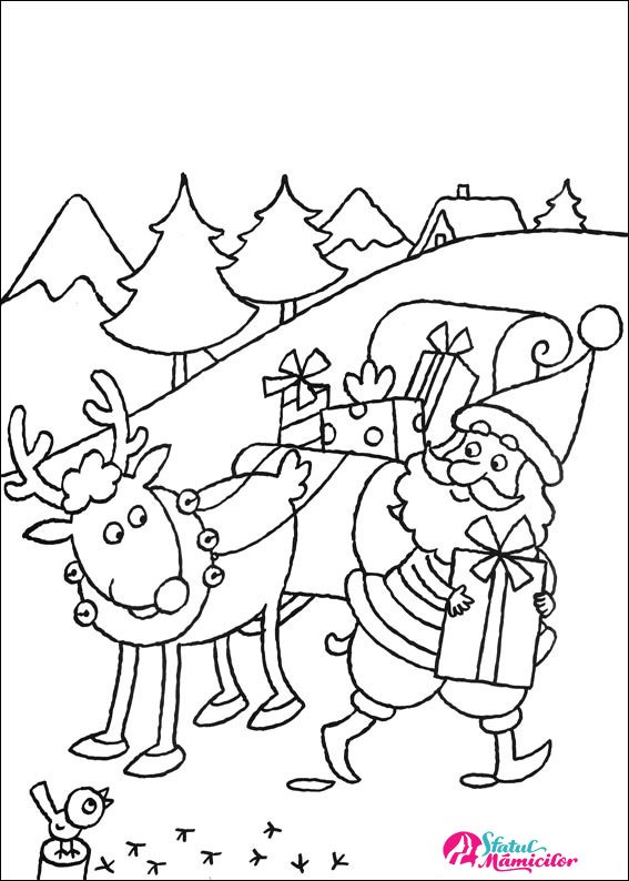 Mos Craciun merge alaturi de Rudolph - Planse de colorat